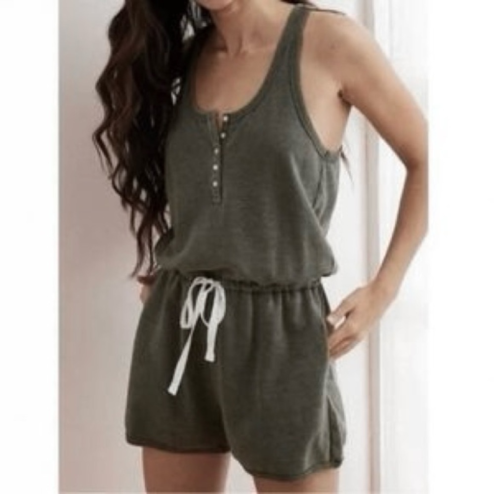 Aerie Tie Waist Henley Gray Green Lounge Jumpsuit Romper Size XS